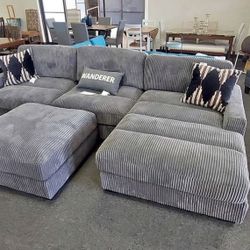 Gray Corduroy Sectional Couch With Ottoman