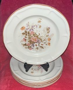 Vintage Antique Array Brick Oven Stoneware Meadow Flowers Set of 5 Dinner 10.75” Plates FLAWLESS!