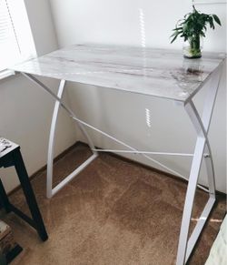 Standing desk with Wood-Print glassTop and White Metal Frame