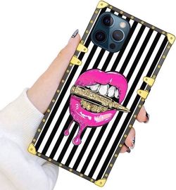 iPhone 12 Pro Max Case 5G 6.7 Inch 2020, Pink Lips Square Luxury Elegant Soft TPU Full Body Shockproof Protective Case Metal Decoration Corner Back Co