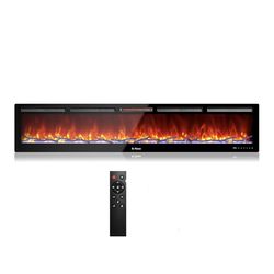 98” Infrared Electric Fireplace with Sound Crackling and Realistic Flame, 1500W Quartz Heater, Recessed or Wall Mounted, Adjustable Flame Effects, Rem