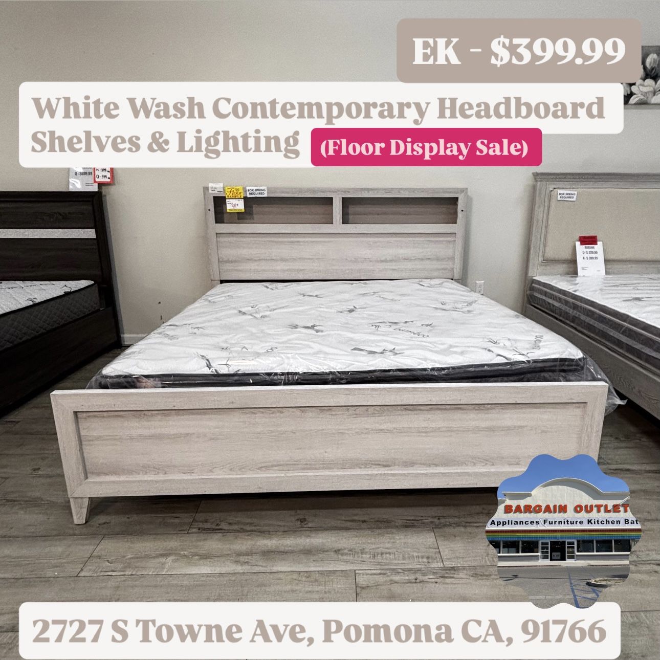 White Wash Contemporary Headboard Shelves & Lighting