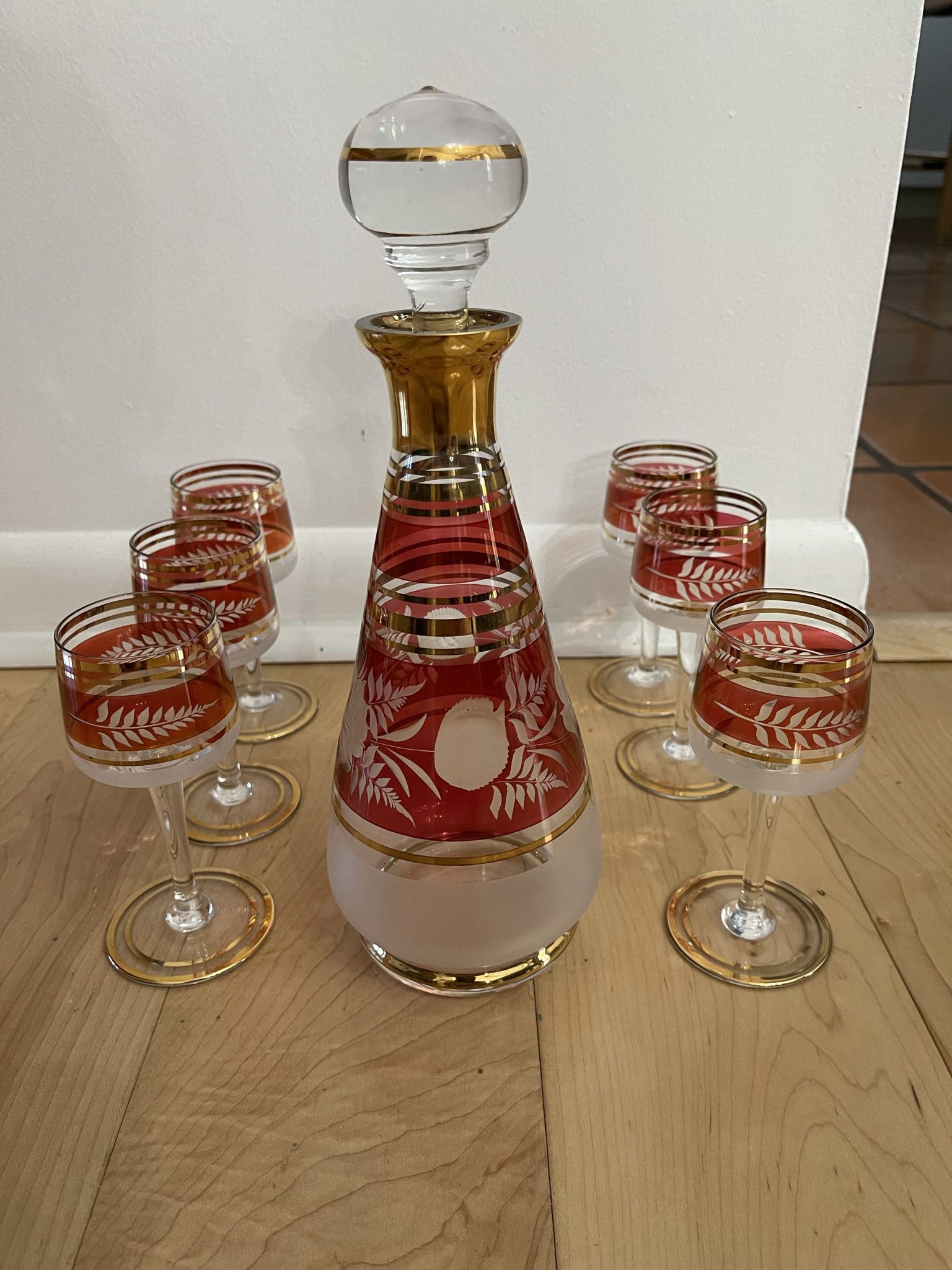 Vintage Set,  Bohemian Czech Crystal,   Decanter With 6 Cordial Glasses 