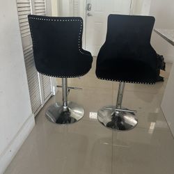 Set of 2 Black Velvet Adjustable Bar Stools with Chrome Base & Studded Trim