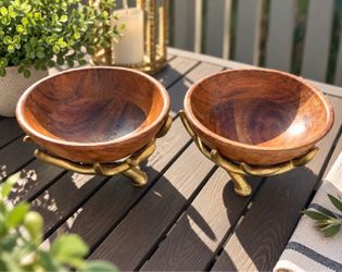 Elegant Wood & Brass-Tone Pedestal Bowls – Set of 2