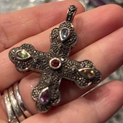 Vintage sterling marchasite cross blue topaz, peridot, amythyst, citrine 