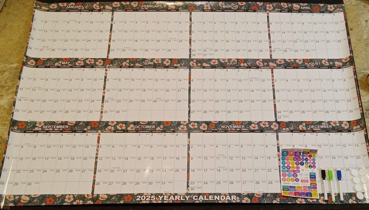 32" x 48" 2025 Wall Calendar Erasable Large Wet & Dry Erase Laminated 