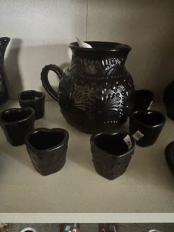 Dark Glazed Ceramic Pitcher Set from Mexico