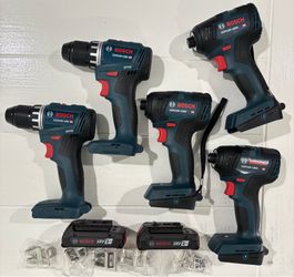 NEW Bosch Lot of (2) 18V Brushless 1/2” Drills & (3) 18V 1/4” Impact Drivers + 2 Batteries - $375