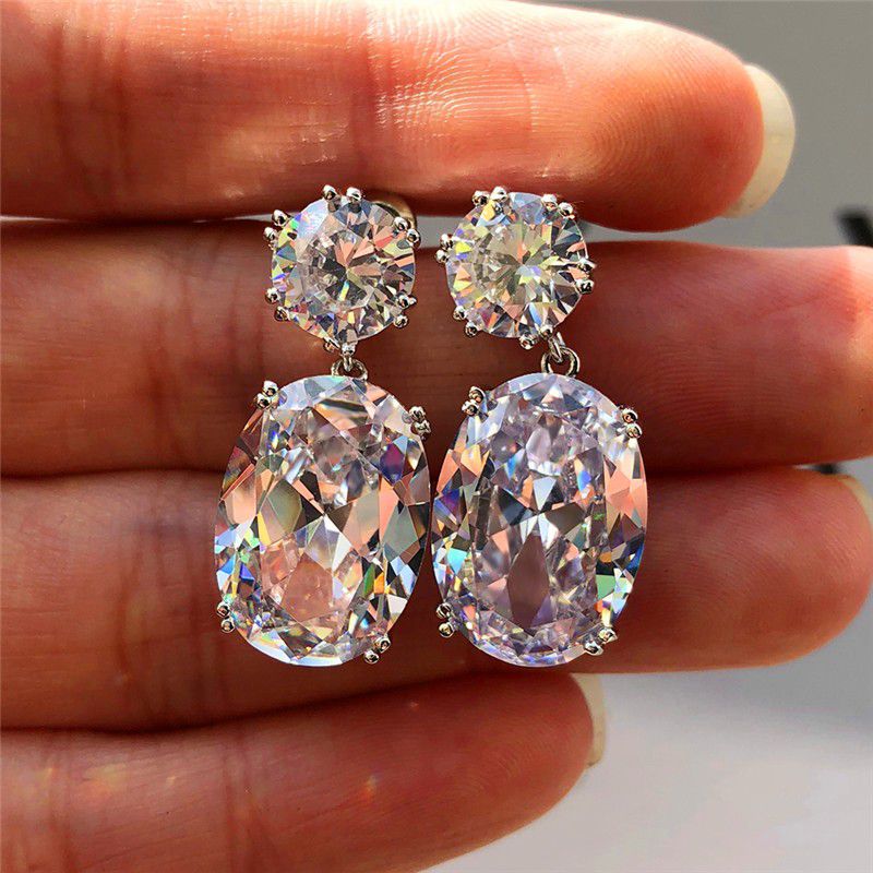 "Shiny Big Oval Zircon Silver Plated Drop Earrings for Women, VP1011
 
  