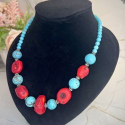 Mother's Day Gift Bohemian Vintage Red Coral & Turquoise Beaded Necklace - Statement Jewelry