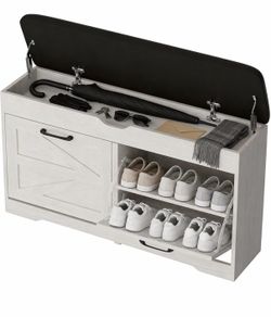 Brand New 39” Shoe Storage Bench w/ Cushion, Hidden Storage, 2 Flip Drawers & Side Cabinet