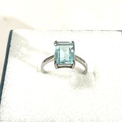 Brand New .925 Silver Ring With Emerald Cut Aquamarine. Size 8.