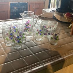 Avon Wild Violet, Pitcher, Six Glasses,bowls