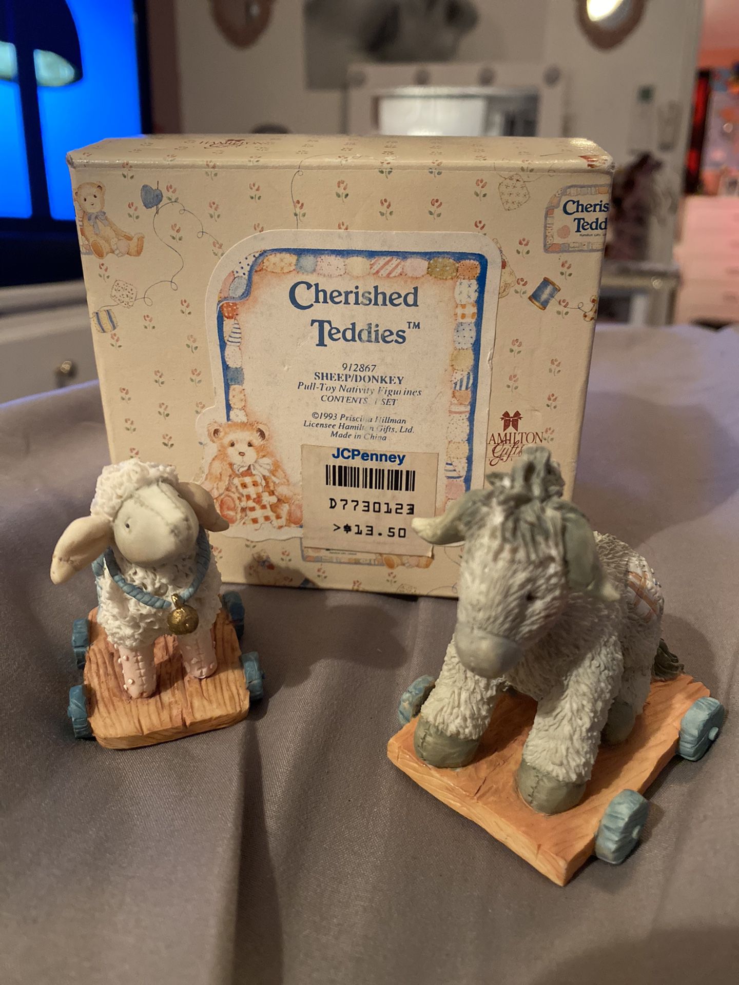 Cherished Teddies Sheep/Donkey Pull Toy Nativity Figurine 1993 #912867 By Enesco