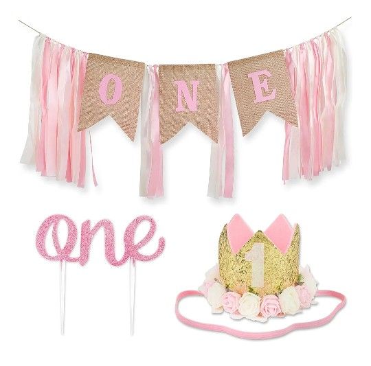 1st Birthday girl decorations :ONE High Chair or Wall Banner, Cake Topper,No.1 Flower Crown & No. 1 Wax candle