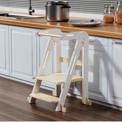 Kids Kitchen Step Stool, Foldable Toddler Tower, Height Adjustable Toddler Standing Tower with Safty Rail and Anti-Slip Device, Wooden Stool for 1.5-6