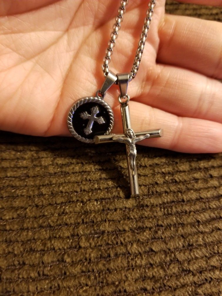 Men's Stainless Steel Medallion & Crucifix Necklace 24"