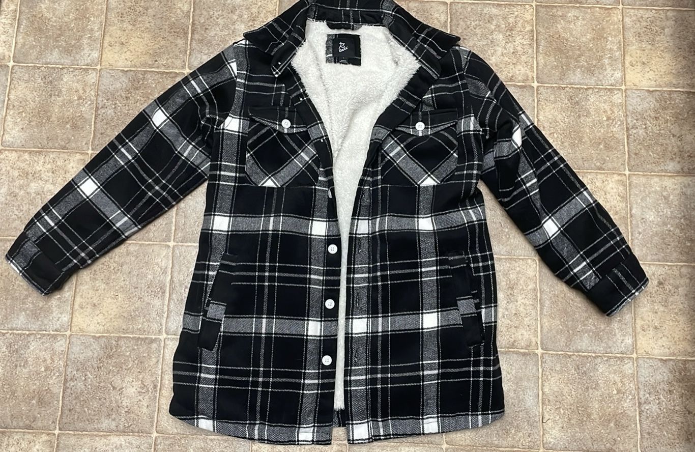 Girls' Cozy Lined Plaid Shacket- Shirt/ Jacket Black/White Plaid L (12/14