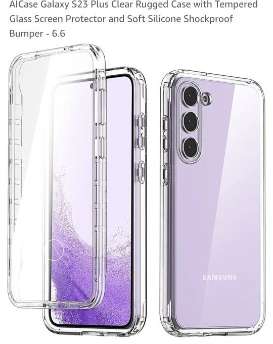 AICase Galaxy S23 Plus Clear Rugged Case with Tempered Glass Screen Protector and Soft Silicone Shockproof Bumper - 6.6" - NEW