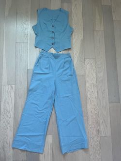 Vintage Style Light Blue 2 Piece Vest & Wide Leg Pants Set Size M Linen Look