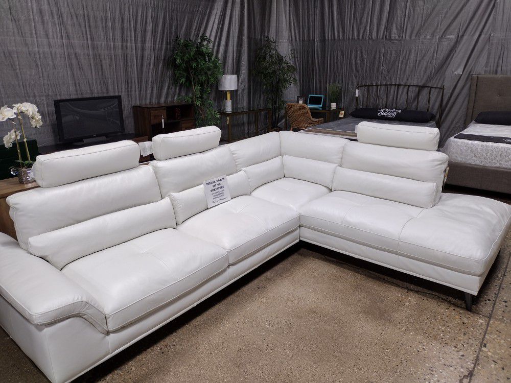 2-piece White  Leather Push Back Sectional