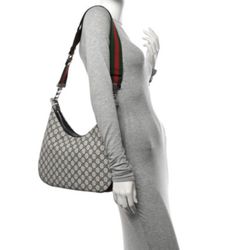 GUCCI GG Supreme Monogram Textured Calfskin Web Large Attache Shoulder Bag Beige Blue