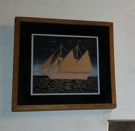 VINTAGE 3D MINI WOODEN FRAME NAUTICAL SHIP SAILBOAT OCEAN SEA 3D HANDMADE CARVED CORK PICTURE ART PLAQUE DECOR