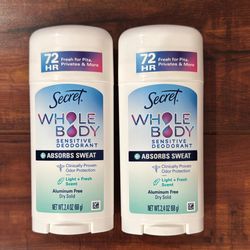 Secret WHOLE BODY SENSITIVE; ALUMINUM FREE Dry Solid Deodorant: Light + Fresh Scent; 2.4 oz Each (2 For $18)