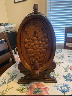 Vintage Oak hand carved wine barrel. Dispensary working parts, oak with iron bands.
