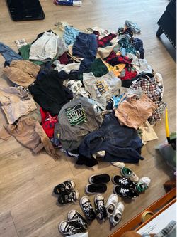 Boy toddler clothes 18-24 months & 2T & some other items different size . Used in good condition also shoes size 5.0 & 6.0 for toddlers a lot of cloth