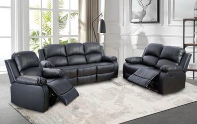 Black leather fully reclining three piece couch set