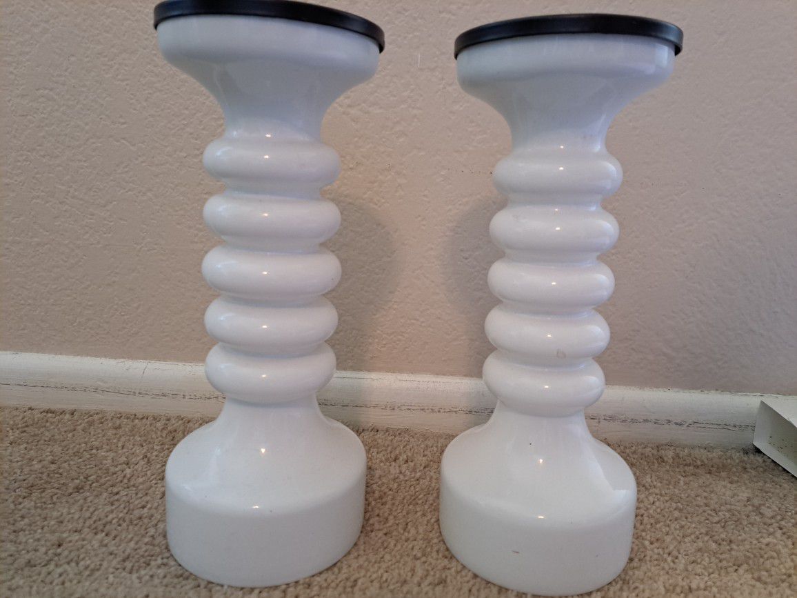 2 White Glass Candle Holders $10