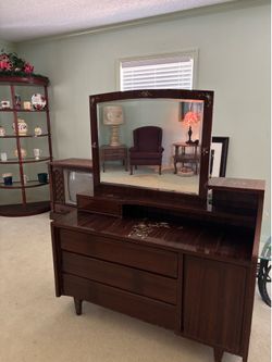 Oriental Rosewood Dresser with Drawers Cabinet and Beveled Mirror