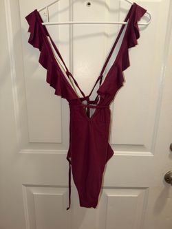 Large Cupshe Burgundy Ruffle One-Piece Swimsuit