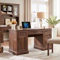 Farmhouse Wood 58" Executive Desk, Home Office 30" High Computer Desk with Drawers and Storage Cabinet,