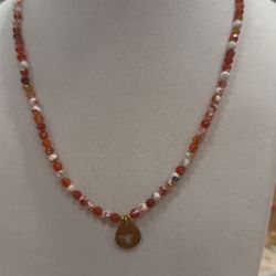 Angel Charm Necklace with Red & White Pearls 