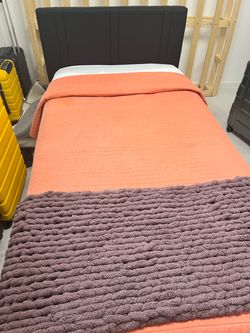 Twin Bed Frame with Upholstered Headboard, Mattress,, Mattress Protector, and Blanket