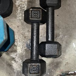 Set of 2  8 Lb. Total 16 Lbs. Cast Iron Hex Dumbbells/Hand Weights, -