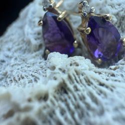 10K Gold Amethyst Teardrop Earrings with Diamond Accents - Vintage Purple Gemstone