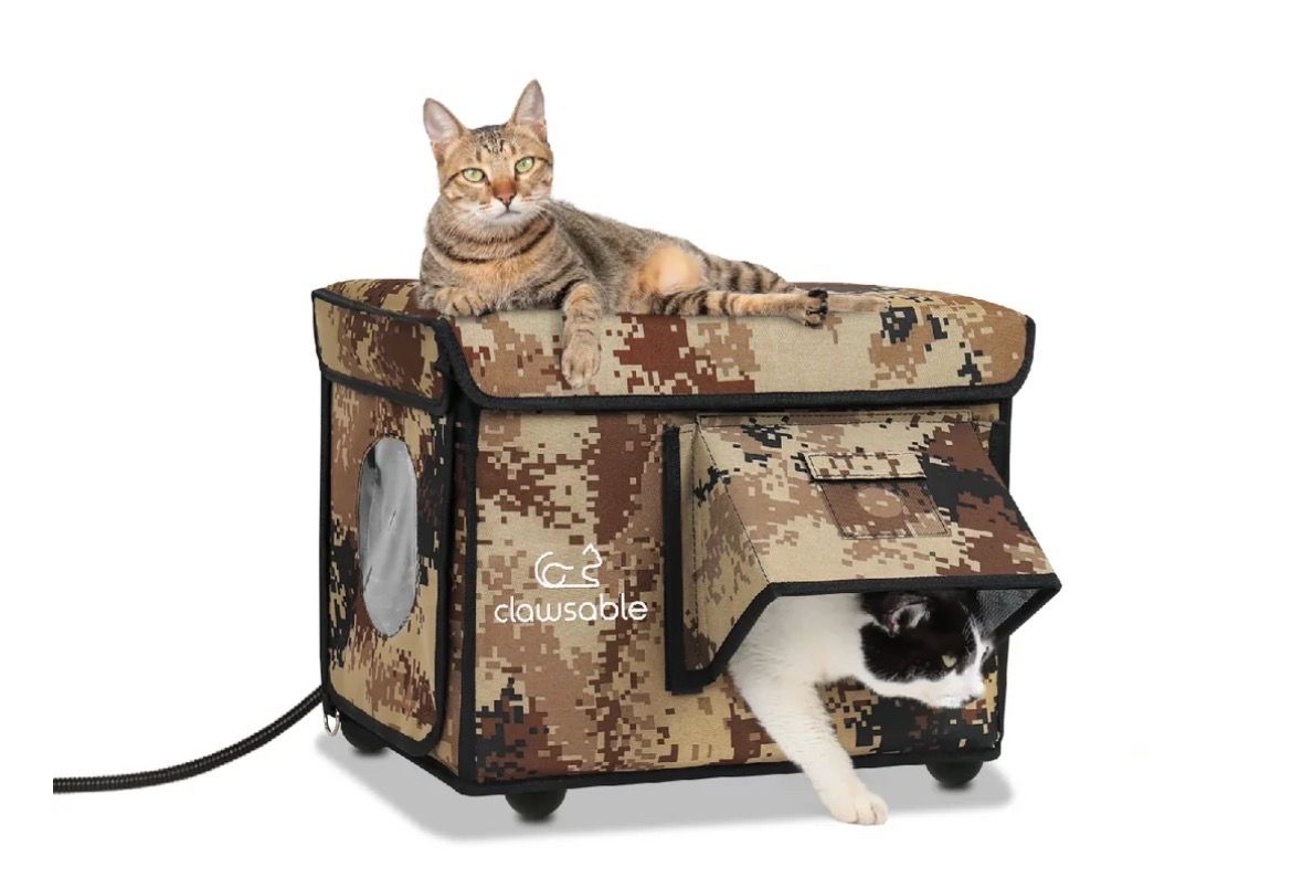 Heated Cat House for Outside Winter, 100% Waterproof, Safe Escape Door, Insulated Outdoor Cat Shelter with Heater for Feral Barn Cat Kitty (Desert Cam