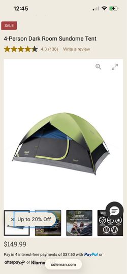 Coleman Sundome Dark Room 4/6 Person Tent, Blocks 90% of Sunlight to Keep inside