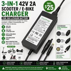 3-in-1 42V 2A Scooter / E-Bike Charger for 36V Lithium Battery