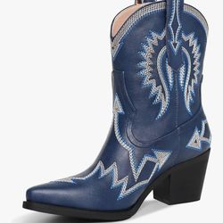 Western Boots for Women Metallic Embroidered Pointed Toe Cowgirl Boots Chunky Heel Pull-On Short Cowboy Boots Wide Calf Country Ankle Boots