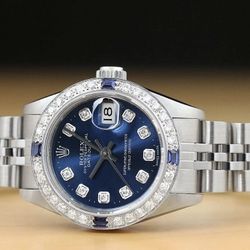 Ladies 26mm Rolex Datejust 69174 18k White Gold Blue Sapphire & Diamond Bezel