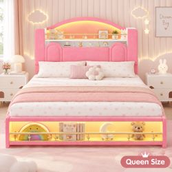 Pink Queen Size Kids Bed Frame with LED Lights & Headboard Storage