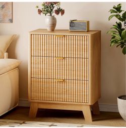 BORNOON Fluted Night Stand, 3 Drawer Bedside Table Dresser with Metal Handles, End Side Table Storage Cabinet for Bedroom