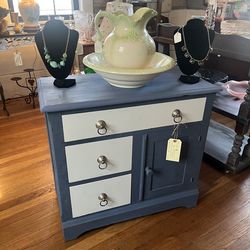 Beautiful refurbished blue and white solid wood cabinet with knapp jointed draws