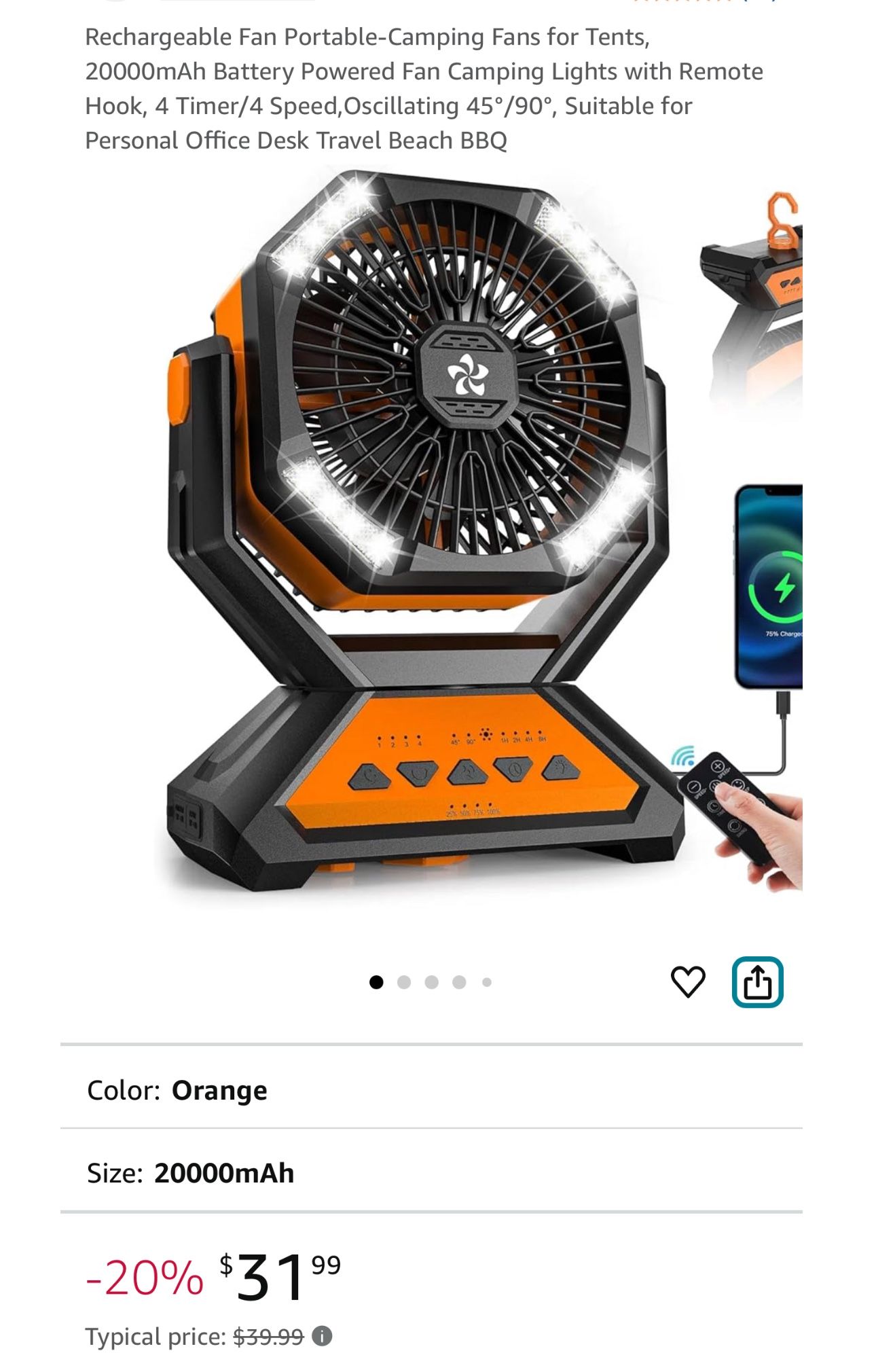 Rechargeable Fan Portable-Camping Fans for Tents, 20000mAh Battery Powered Fan Camping Lights with Remote Hook, 4 Timer/4 Speed,Oscillating 45°/90°, S