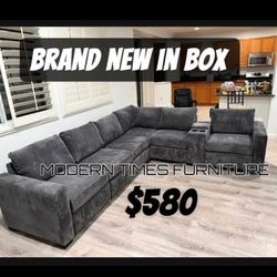 Brand New In Box Sectional /W/USB Console & Cup Holders + Corner Wedge + Armless Chair